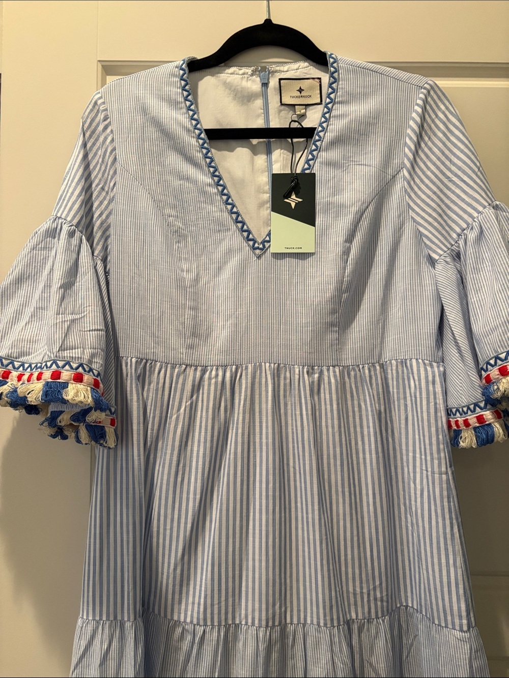 Tuckernuck Light Blue Chambray Maxi Dress with Pom Pom Trim - Picture 5 of 7